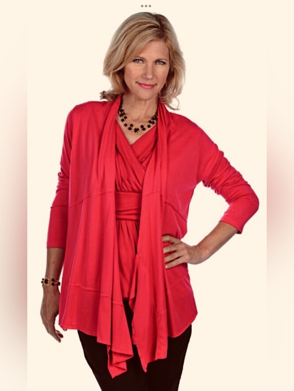 DKR Apparel Cut & Sew Draped Shrug with Raw Edging-Red